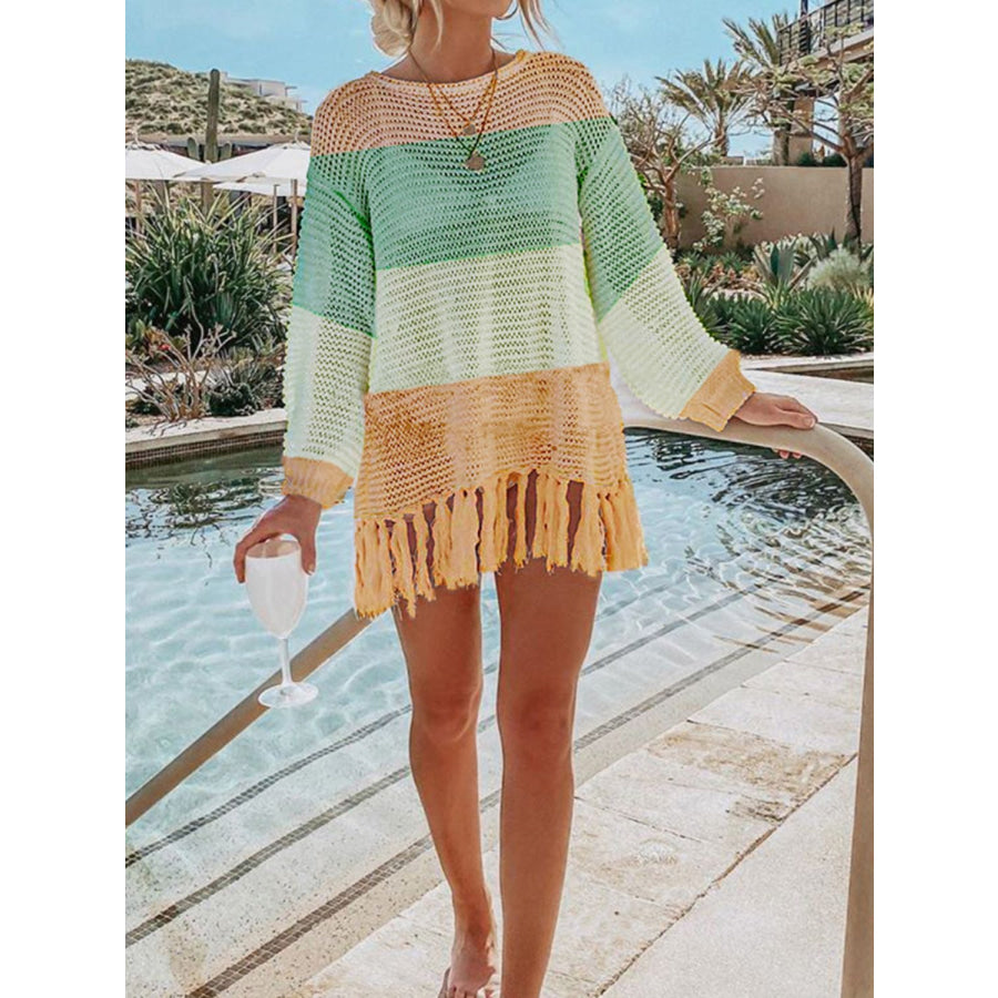 Double Take Openwork Tassel Hem Long Sleeve Knit Cover Up Apparel and Accessories