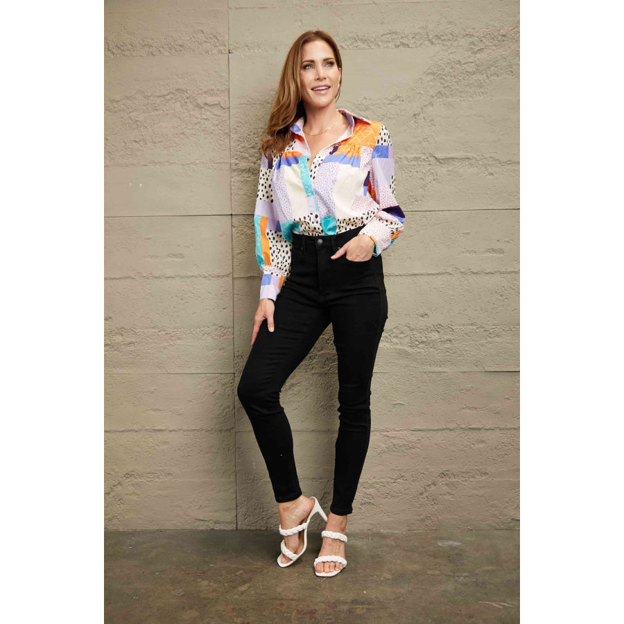 Double Take Patchwork Puff Sleeve Collared Shirt Shirts & Tops