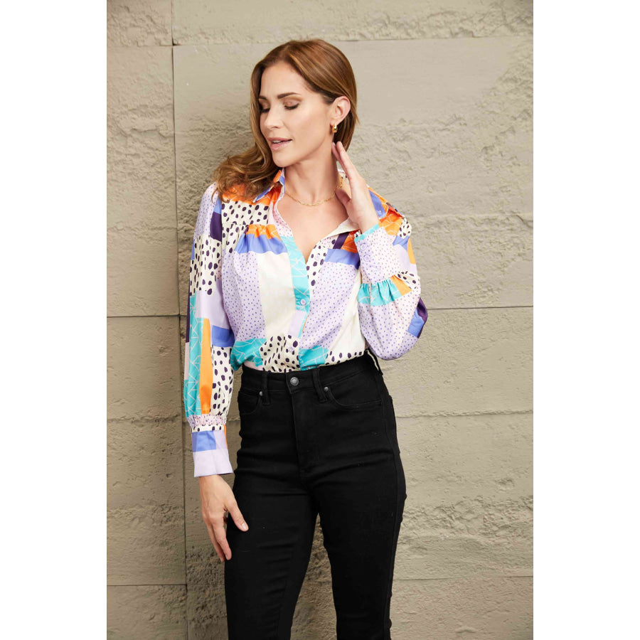 Double Take Patchwork Puff Sleeve Collared Shirt Shirts & Tops