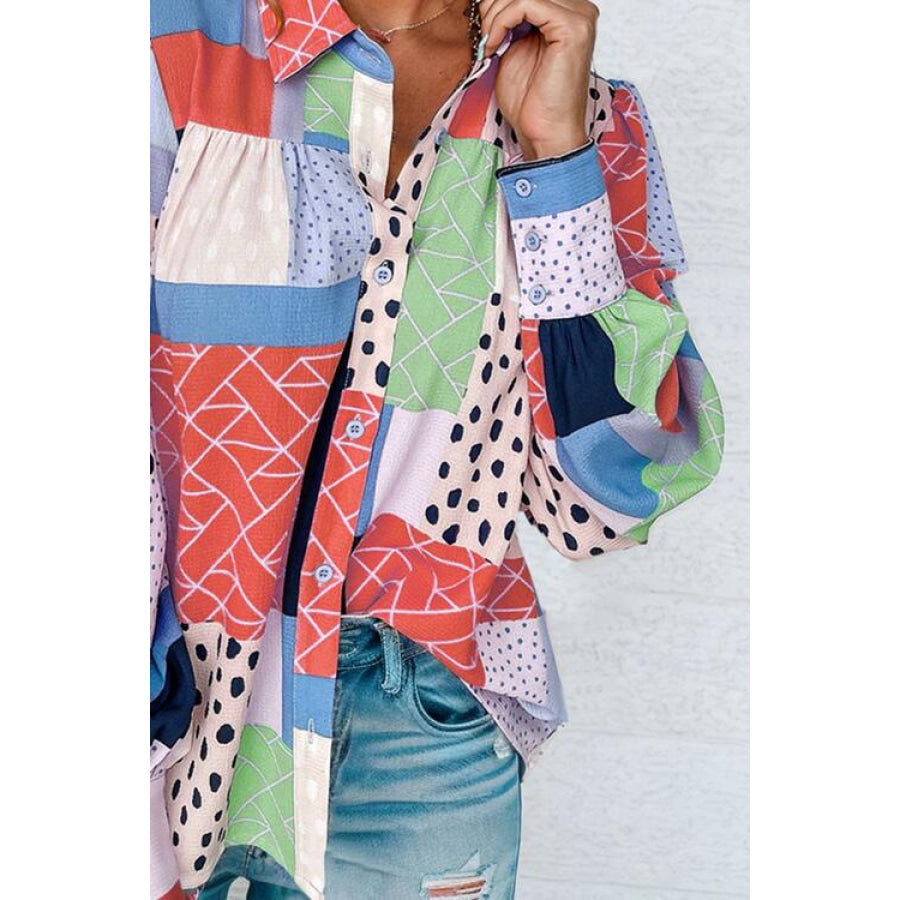 Double Take Patchwork Puff Sleeve Collared Shirt Shirts & Tops
