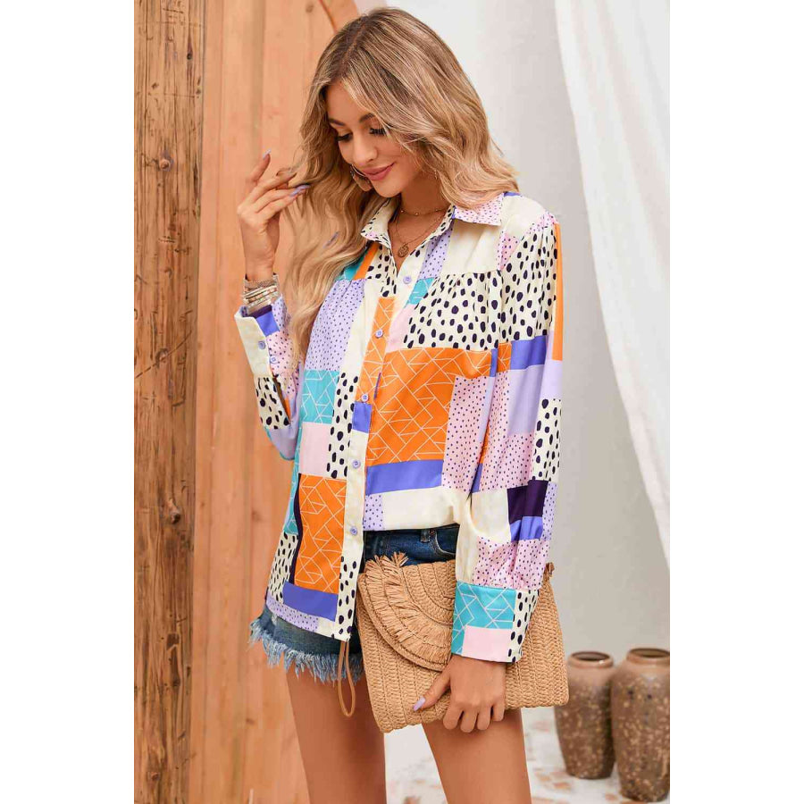 Double Take Patchwork Puff Sleeve Collared Shirt Shirts & Tops