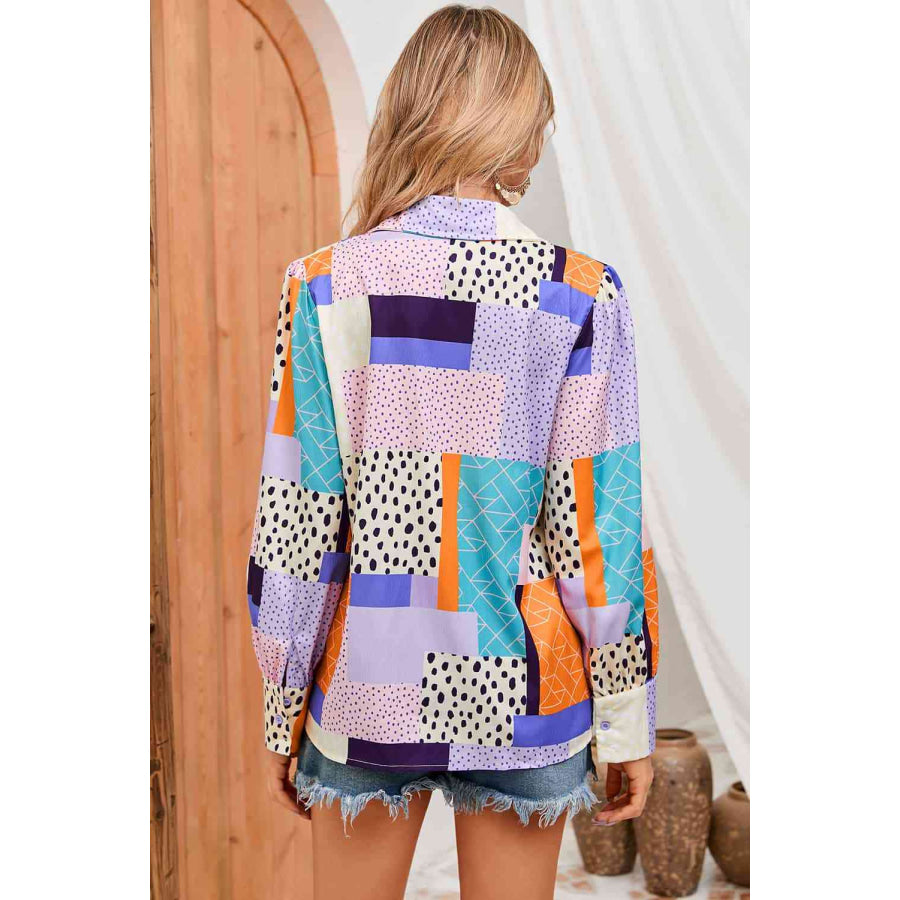 Double Take Patchwork Puff Sleeve Collared Shirt Shirts & Tops