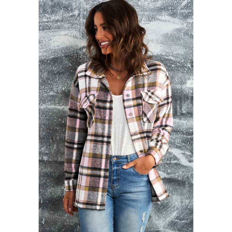 Double Take Plaid Button Front Shirt Jacket with Breast Pockets Pink / S
