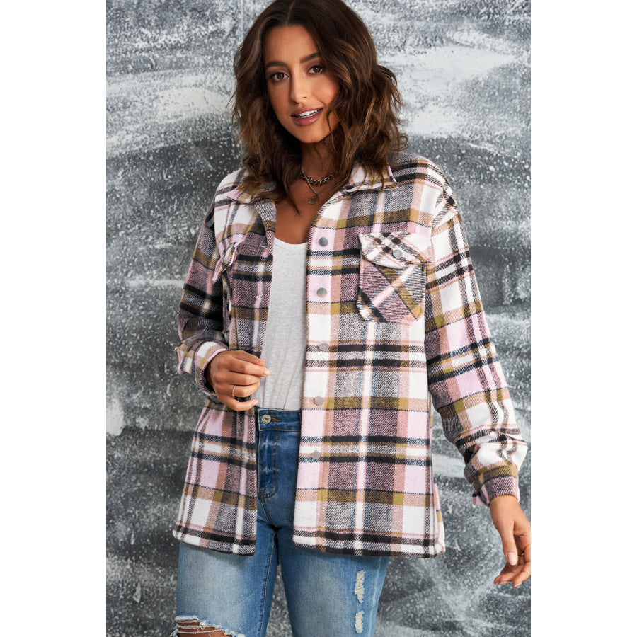 Double Take Plaid Button Front Shirt Jacket with Breast Pockets