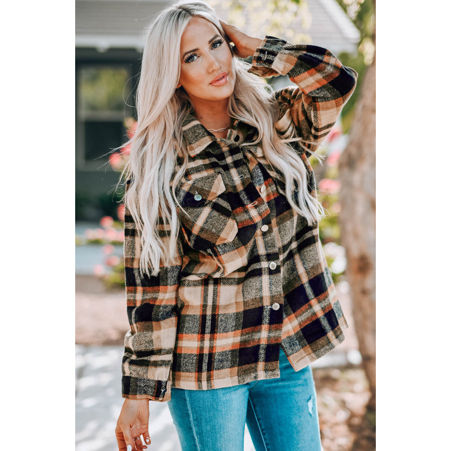 Double Take Plaid Button Front Shirt Jacket with Breast Pockets