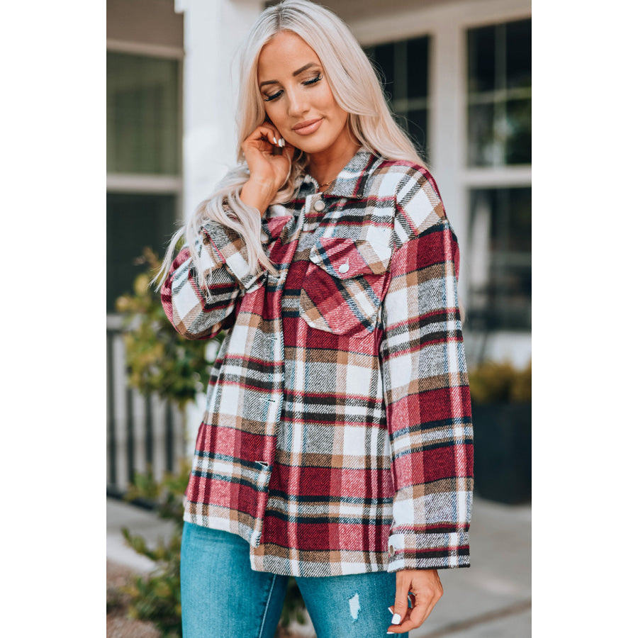 Double Take Plaid Button Front Shirt Jacket with Breast Pockets