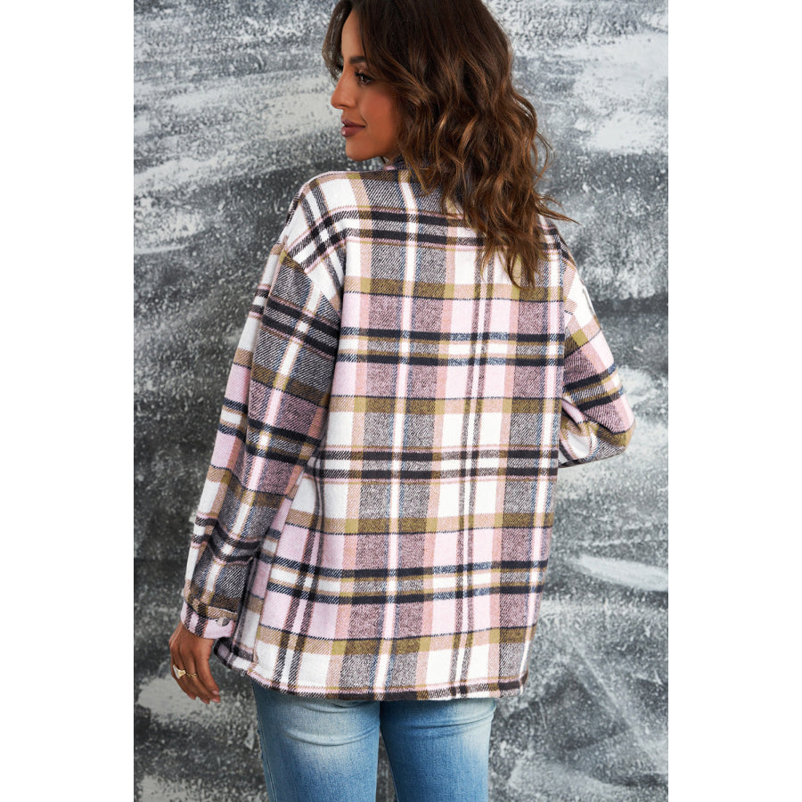 Double Take Plaid Button Front Shirt Jacket with Breast Pockets