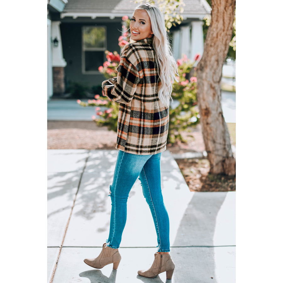 Double Take Plaid Button Front Shirt Jacket with Breast Pockets