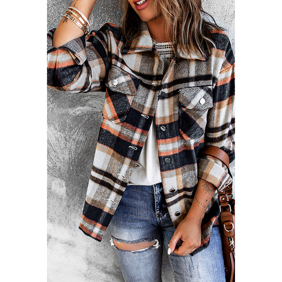 Double Take Plaid Button Front Shirt Jacket with Breast Pockets