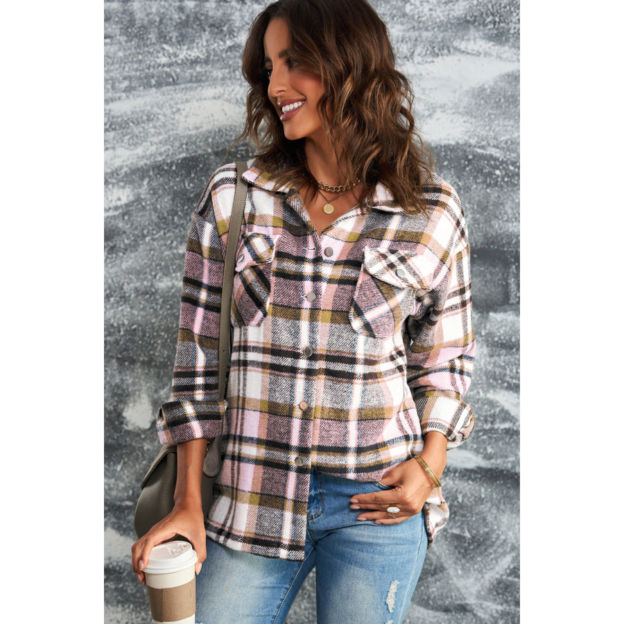 Double Take Plaid Button Front Shirt Jacket with Breast Pockets