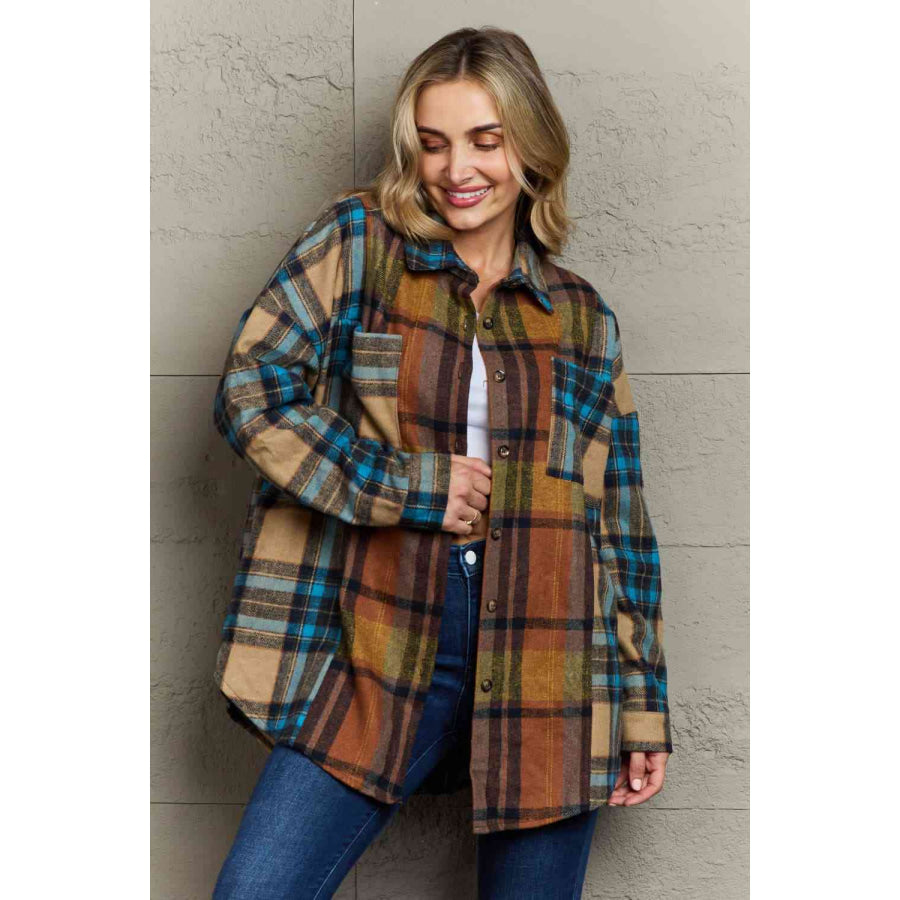 Double Take Plaid Curved Hem Shirt Jacket with Breast Pockets / S Shacket