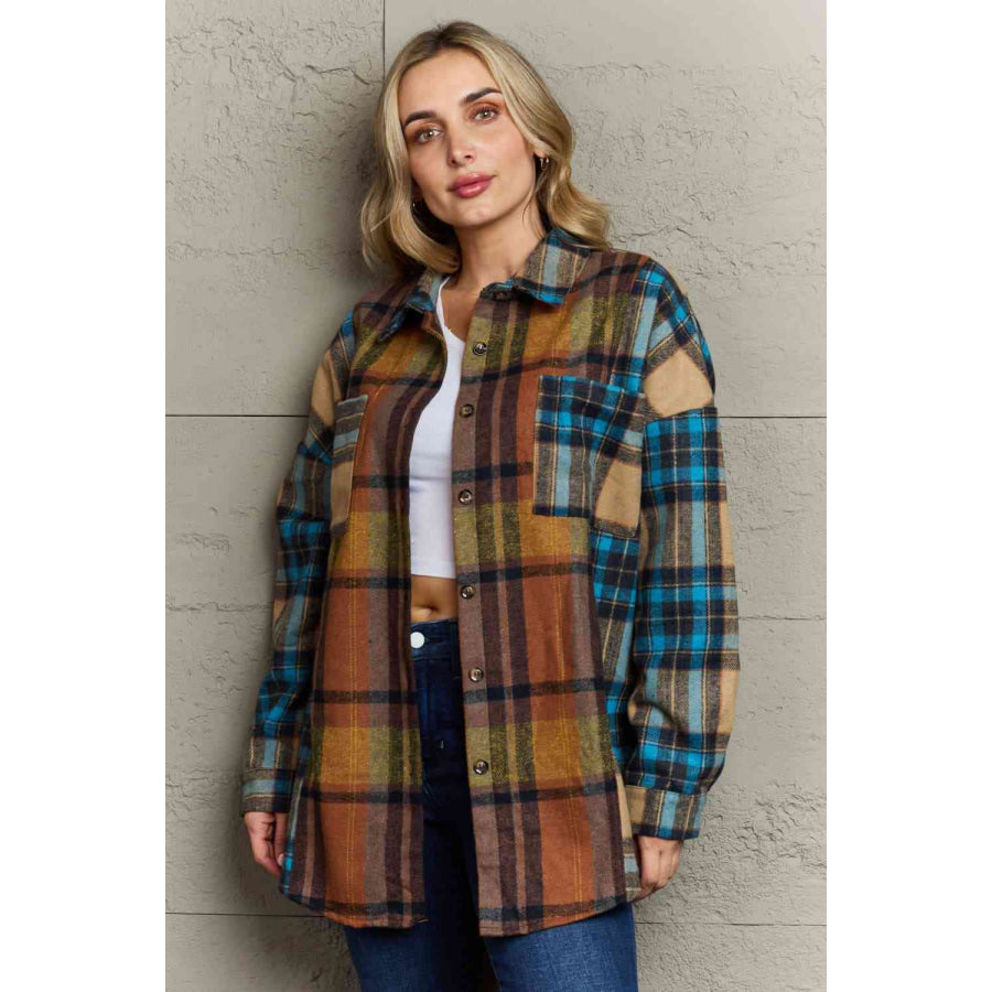 Double Take Plaid Curved Hem Shirt Jacket with Breast Pockets Shacket