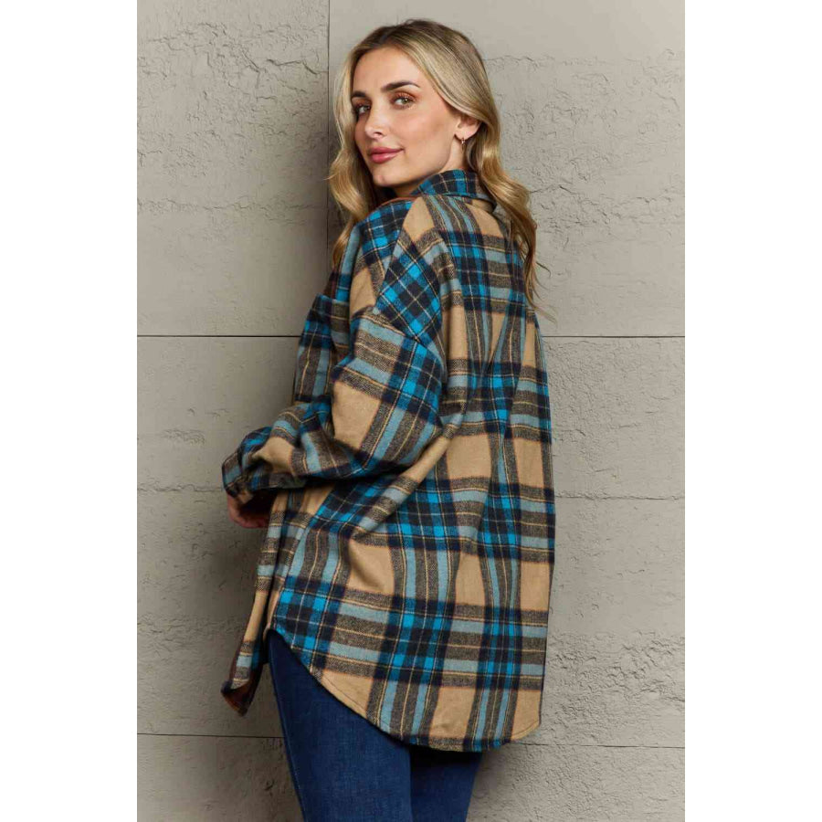 Double Take Plaid Curved Hem Shirt Jacket with Breast Pockets / S Shacket