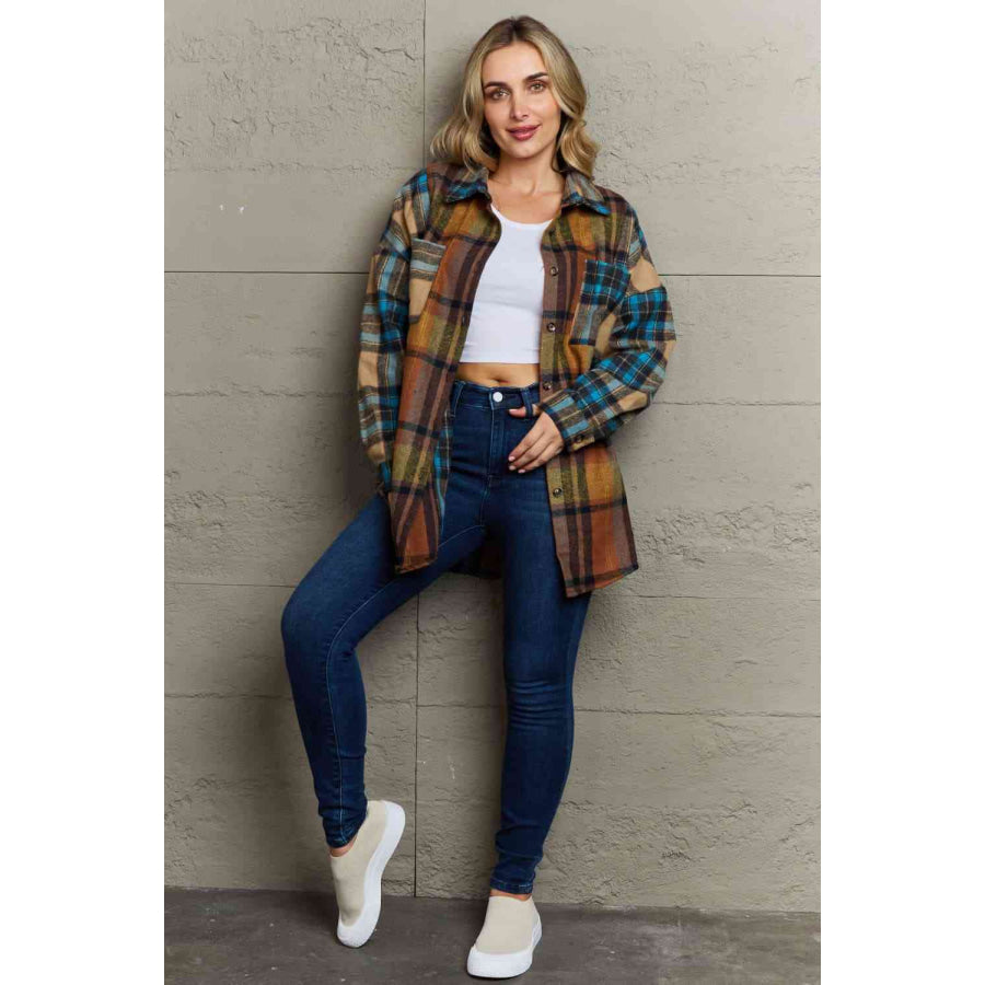 Double Take Plaid Curved Hem Shirt Jacket with Breast Pockets Shacket