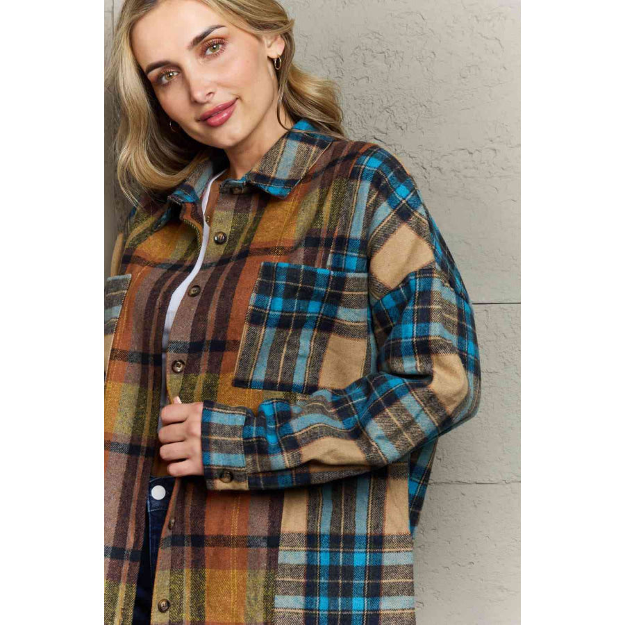 Double Take Plaid Curved Hem Shirt Jacket with Breast Pockets Shacket