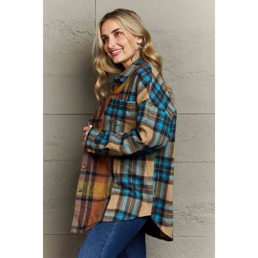 Double Take Plaid Curved Hem Shirt Jacket with Breast Pockets Shacket