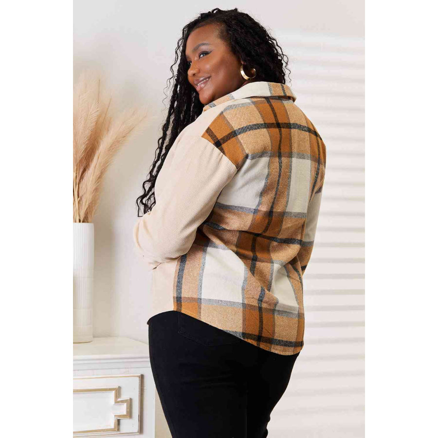 Double Take Plaid Print Dropped Shoulder Shirt Plaid / S Apparel and Accessories