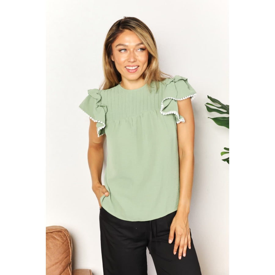 Double Take Pleated Detail Flutter Sleeve Blouse Gum Leaf / S