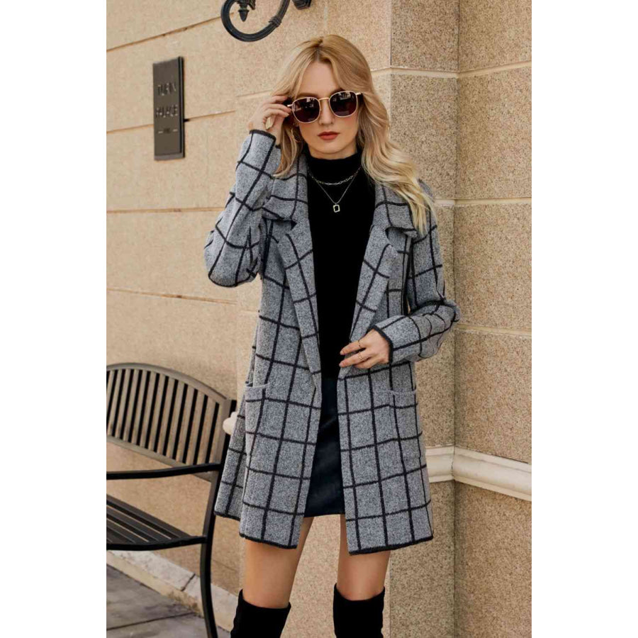 Double Take Printed Open Front Lapel Collar Cardigan with Pockets Gray / S Cardigan