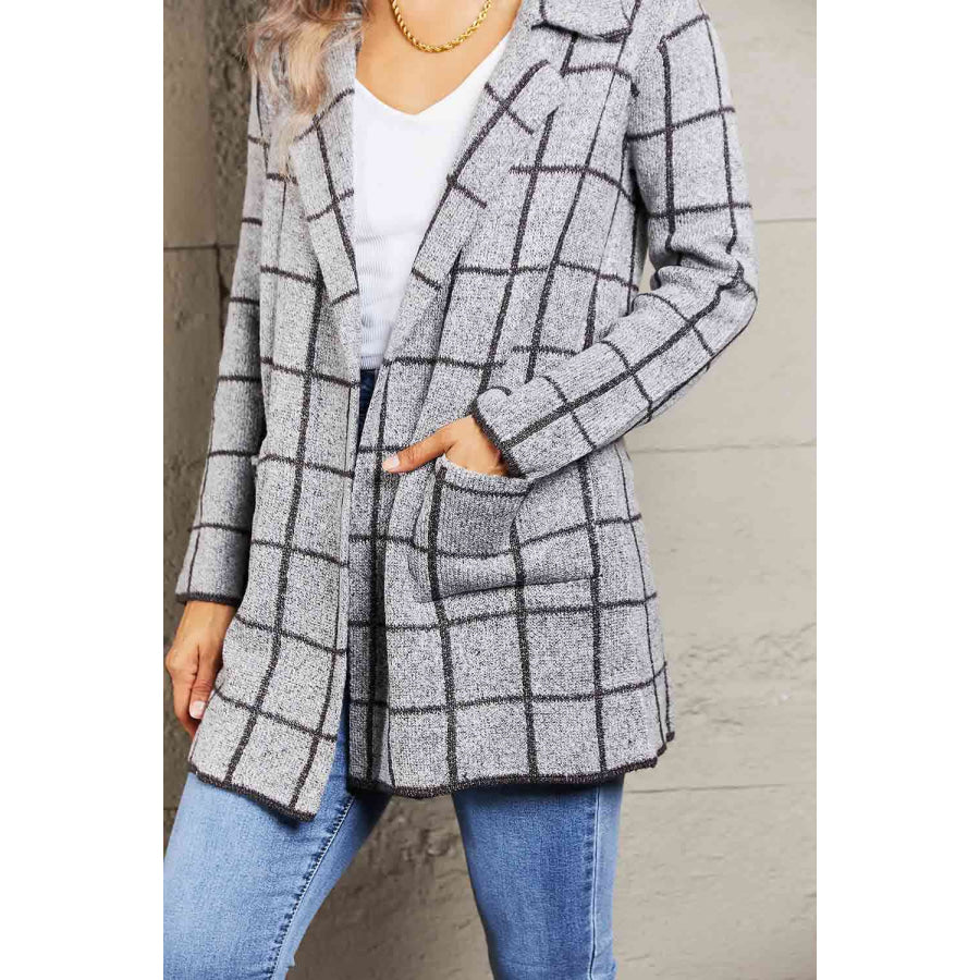 Double Take Printed Open Front Lapel Collar Cardigan with Pockets Cardigan