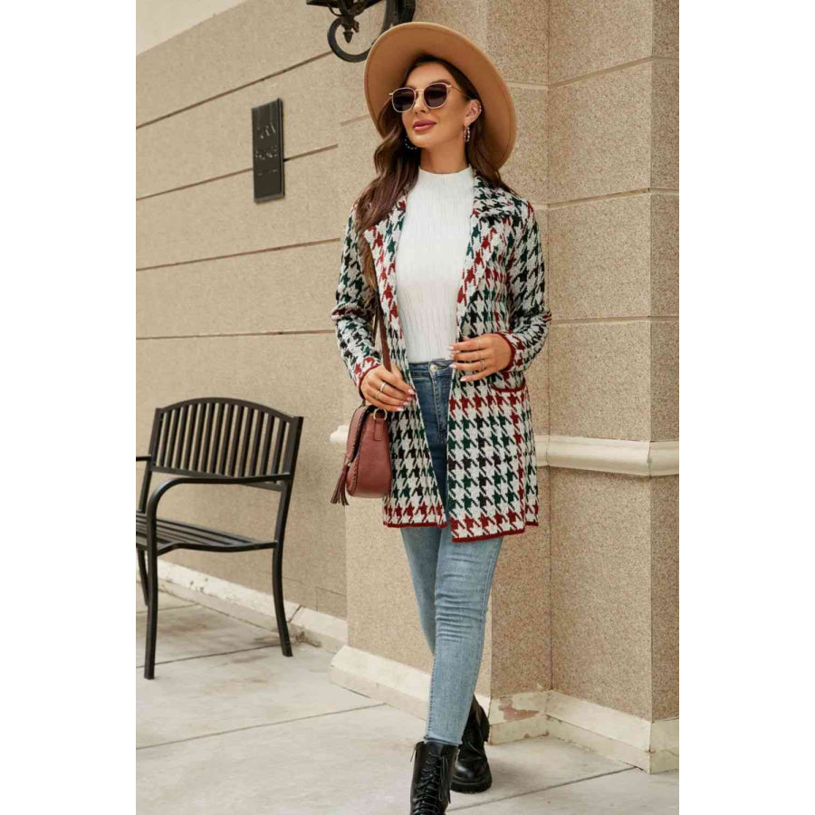 Double Take Printed Open Front Lapel Collar Cardigan with Pockets Cardigan