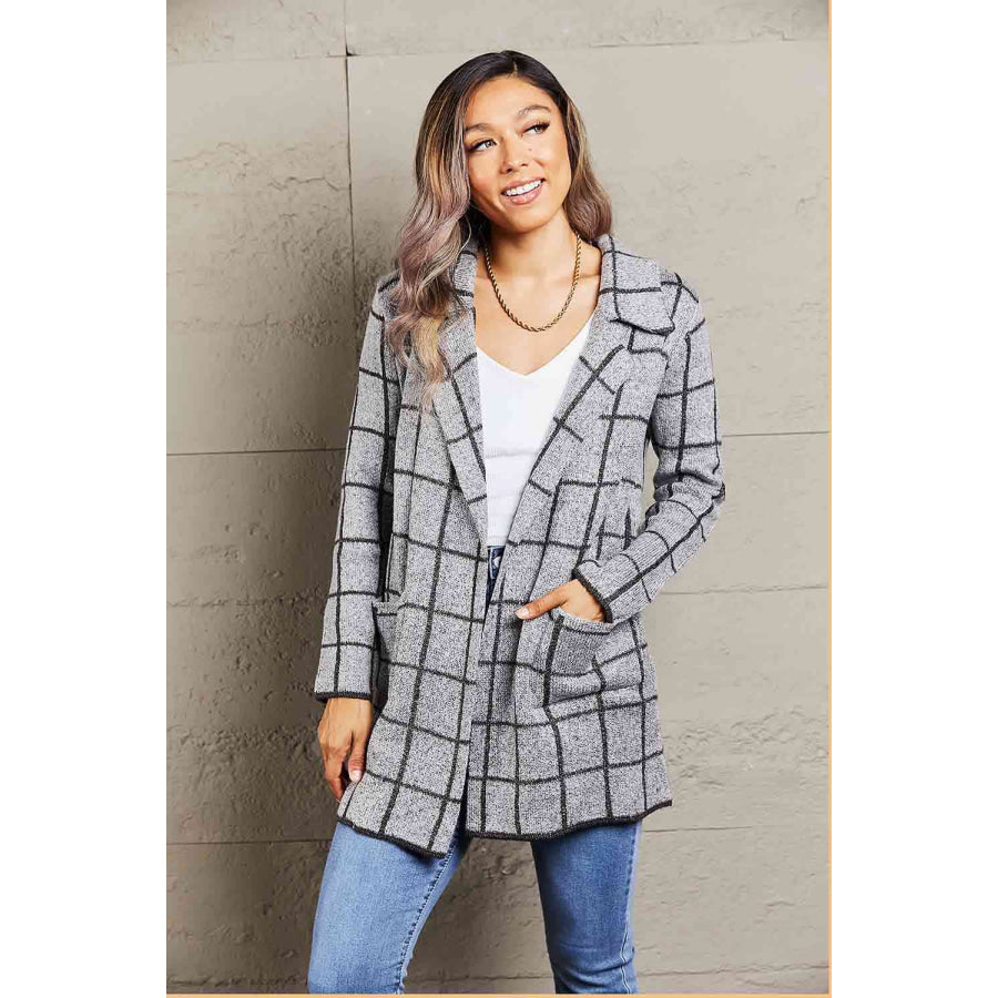 Double Take Printed Open Front Lapel Collar Cardigan with Pockets Cardigan