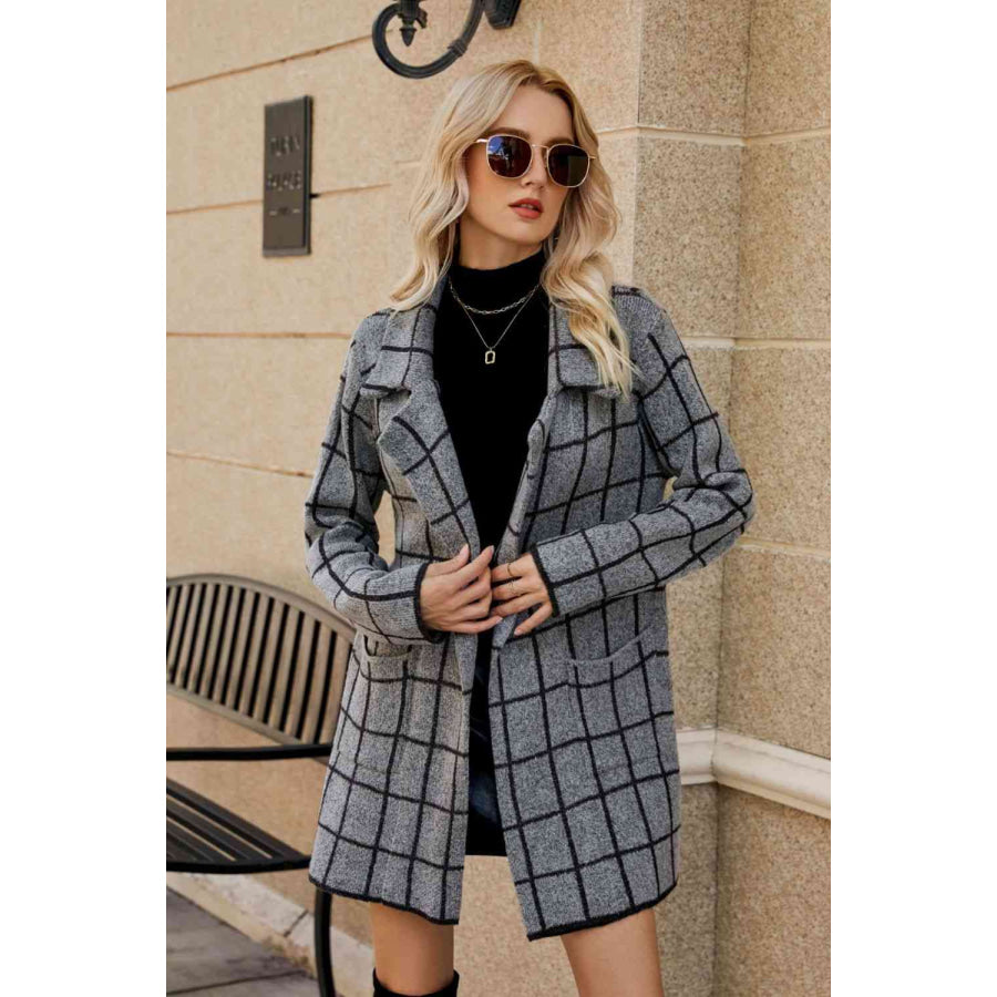 Double Take Printed Open Front Lapel Collar Cardigan with Pockets Cardigan