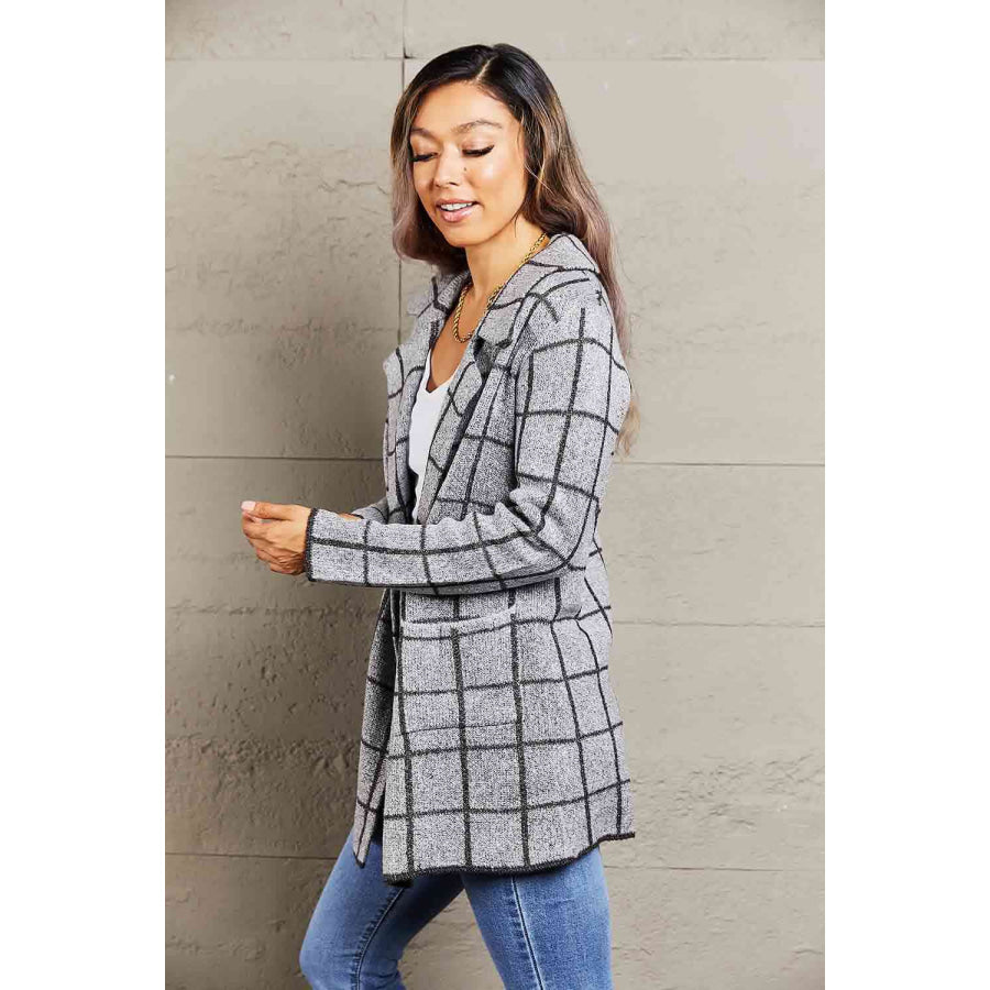Double Take Printed Open Front Lapel Collar Cardigan with Pockets Cardigan