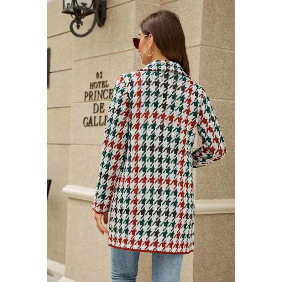 Double Take Printed Open Front Lapel Collar Cardigan with Pockets Cardigan