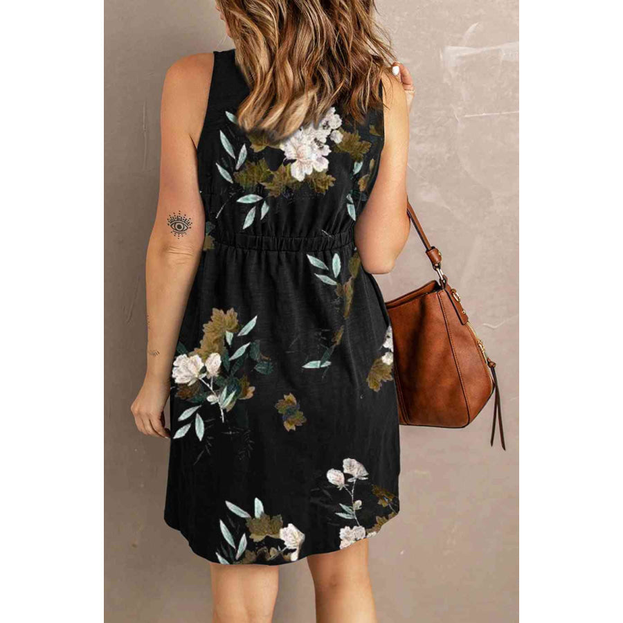 Double Take Printed Scoop Neck Sleeveless Buttoned Magic Dress with Pockets Dress
