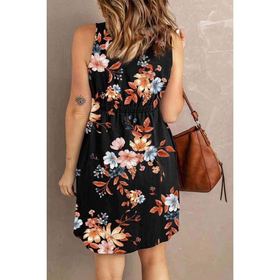 Double Take Printed Scoop Neck Sleeveless Buttoned Magic Dress with Pockets Dress