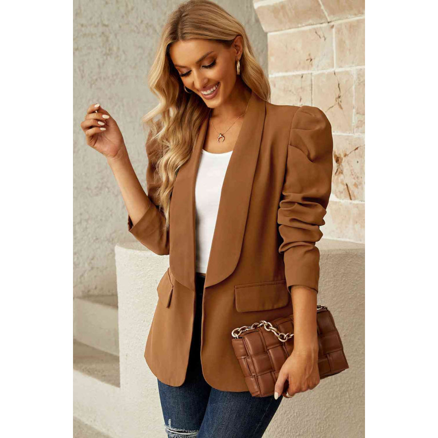 Double Take Puff Sleeve Shawl Collar Blazer Apparel and Accessories