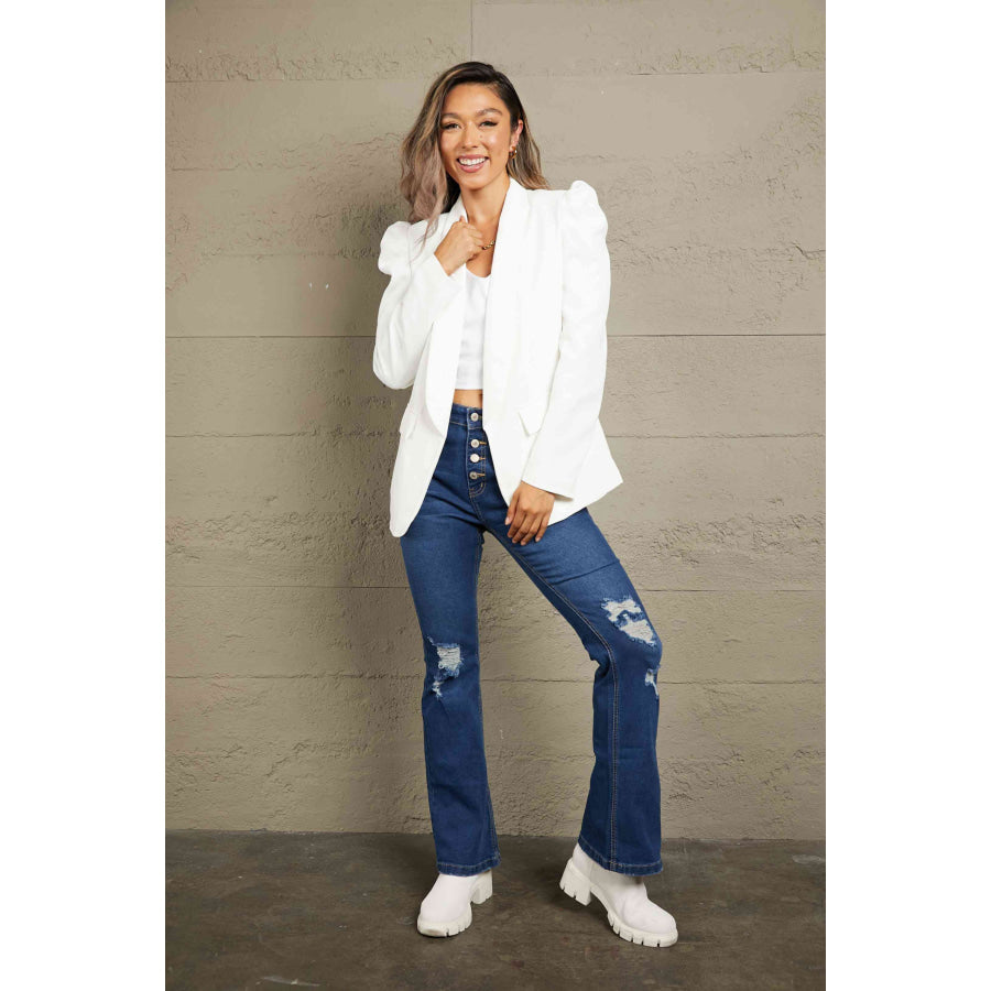 Double Take Puff Sleeve Shawl Collar Blazer Apparel and Accessories