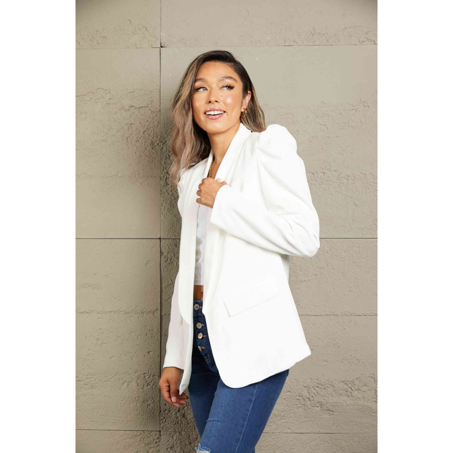 Double Take Puff Sleeve Shawl Collar Blazer Apparel and Accessories