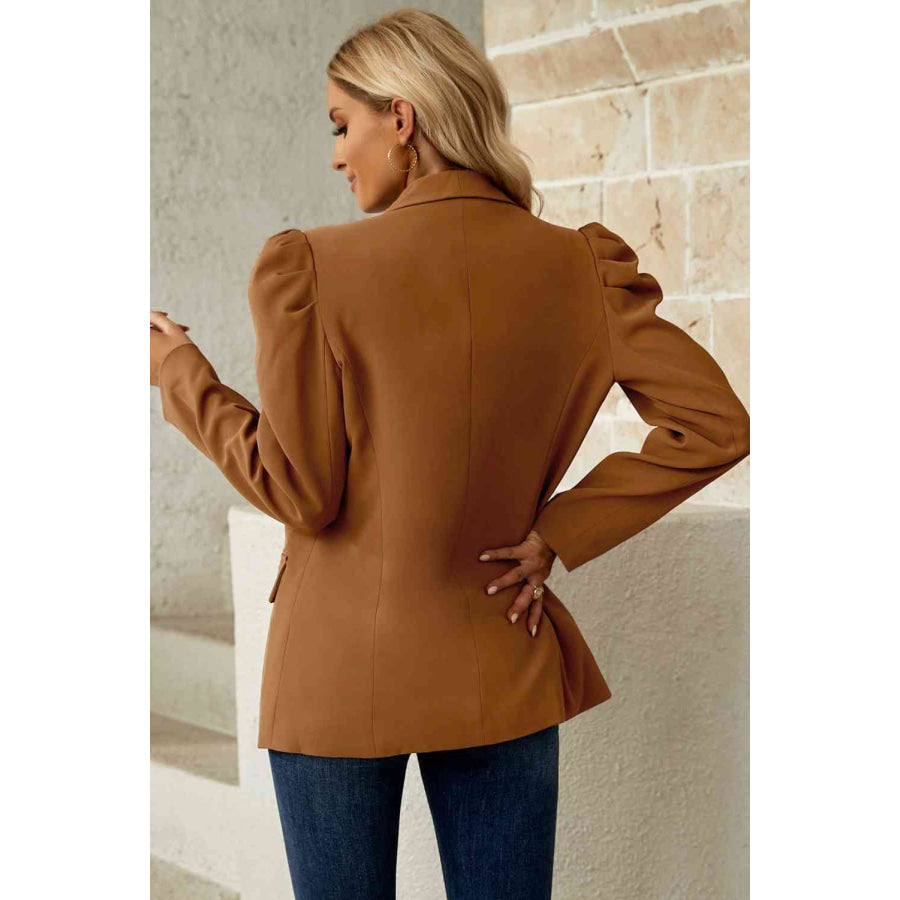 Double Take Puff Sleeve Shawl Collar Blazer Apparel and Accessories