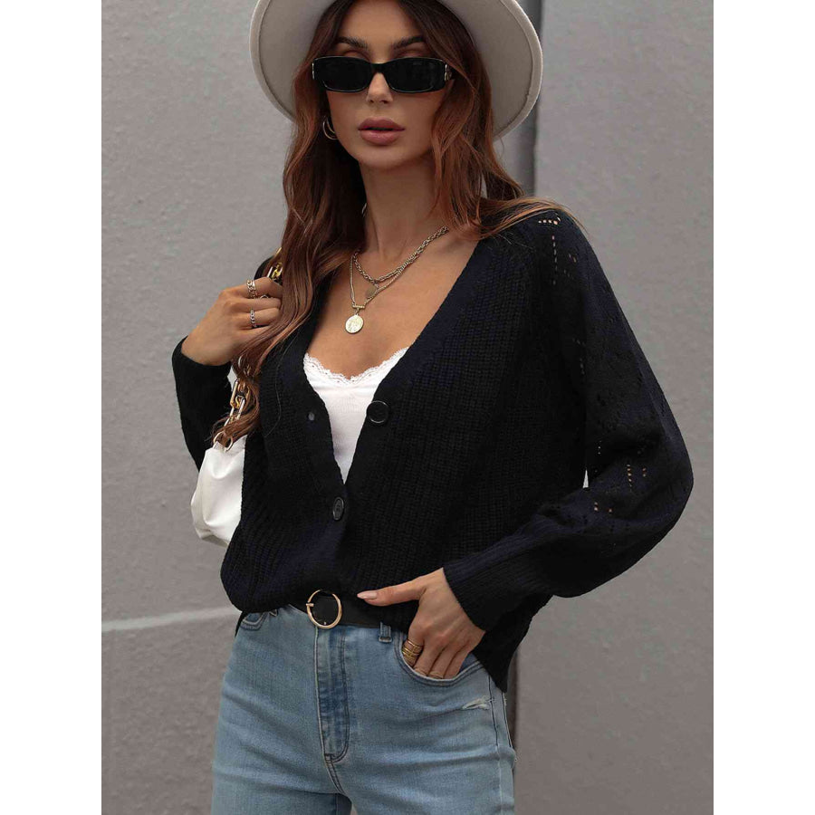 Double Take Rib-Knit Plunge Raglan Sleeve Cardigan Black / S Apparel and Accessories