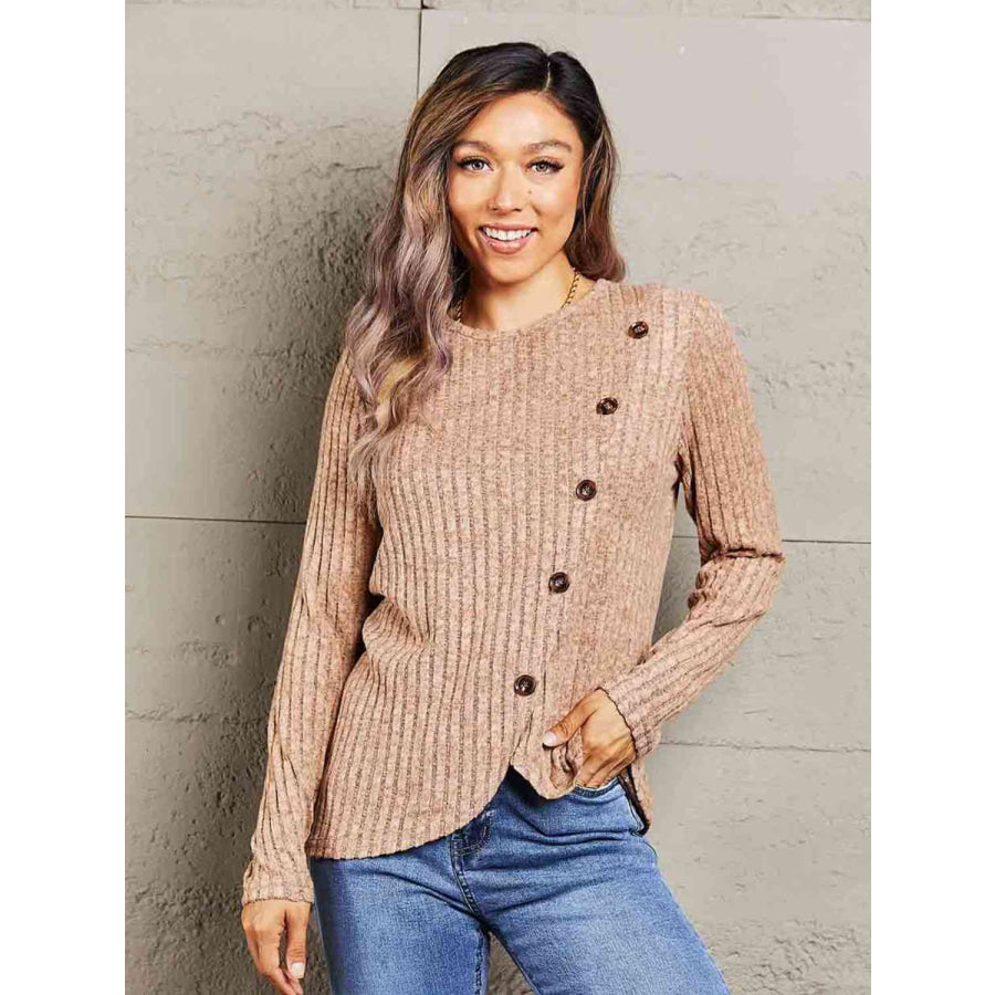 Double Take Ribbed Round Neck Buttoned Long Sleeve Tee Camel / S Shirts & Tops
