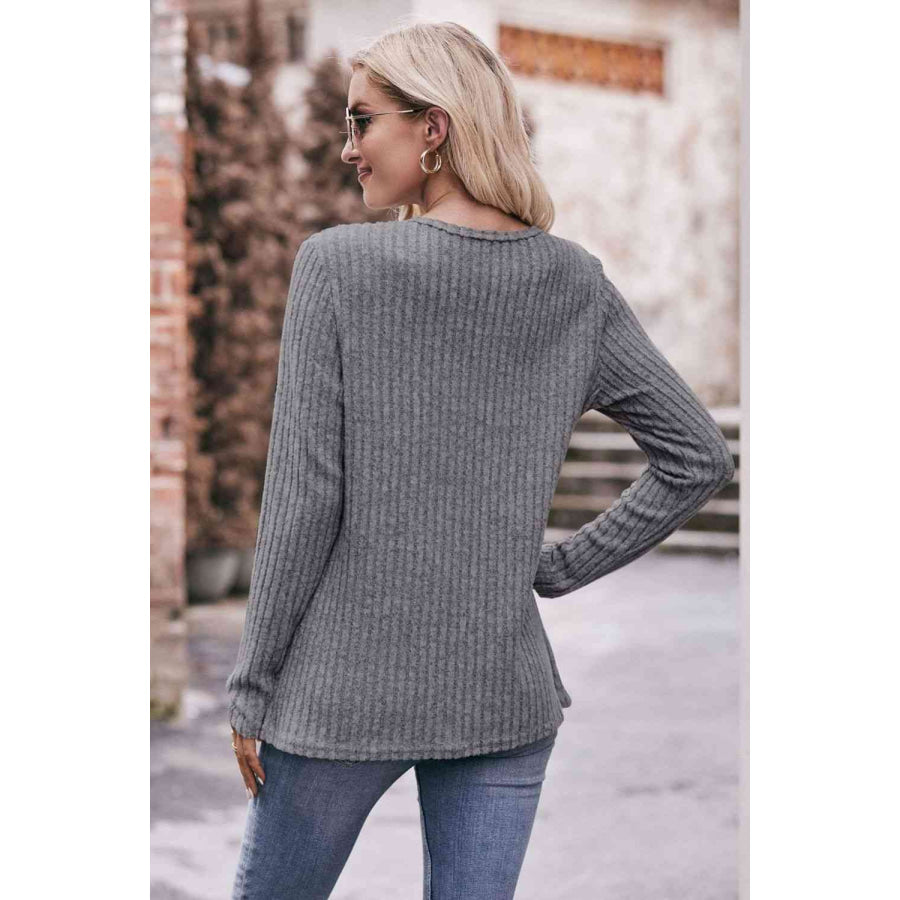 Double Take Ribbed Round Neck Buttoned Long Sleeve Tee Shirts & Tops