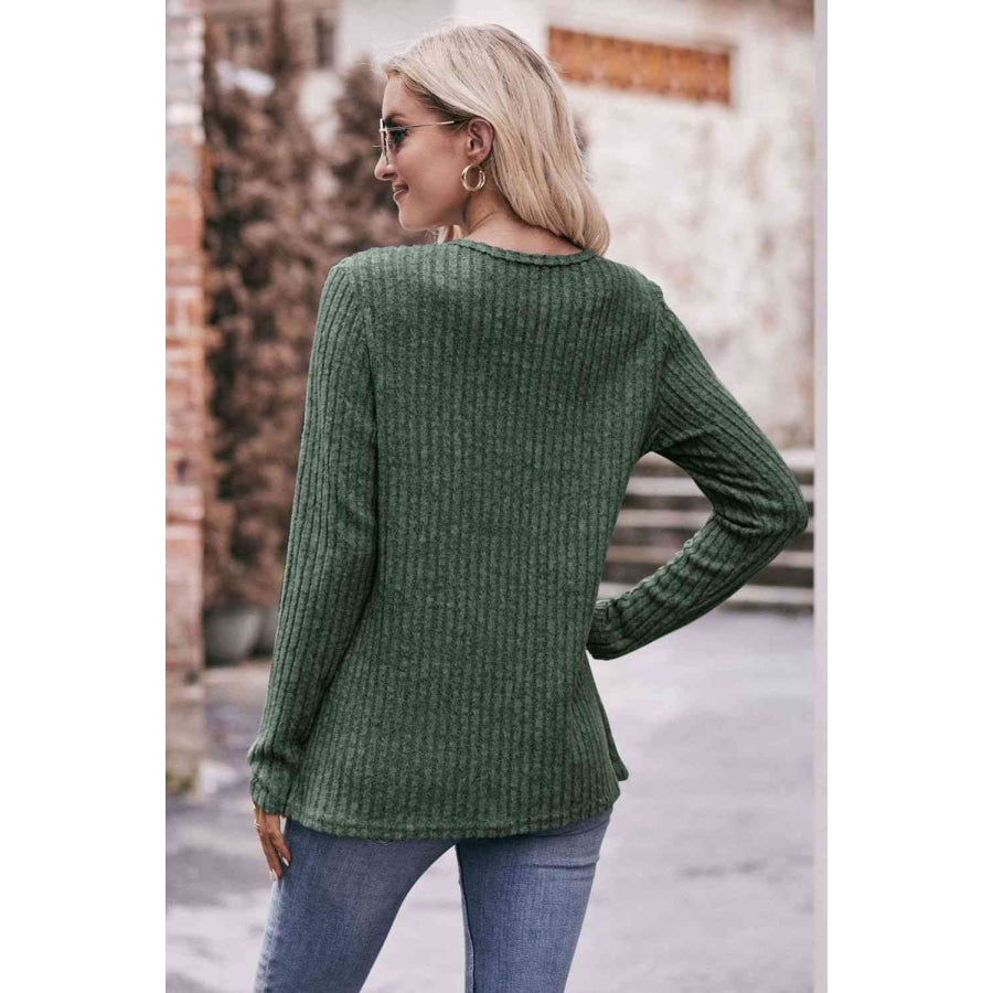 Double Take Ribbed Round Neck Buttoned Long Sleeve Tee Shirts & Tops