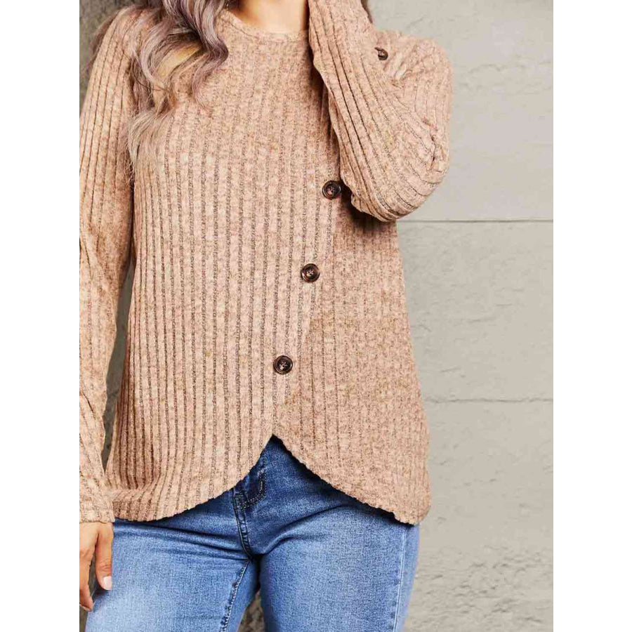 Double Take Ribbed Round Neck Buttoned Long Sleeve Tee Shirts & Tops