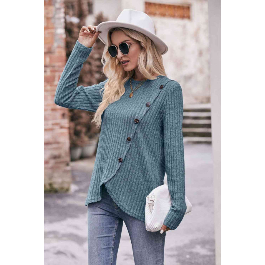 Double Take Ribbed Round Neck Buttoned Long Sleeve Tee Shirts & Tops