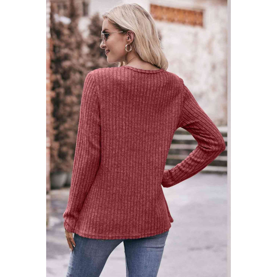 Double Take Ribbed Round Neck Buttoned Long Sleeve Tee Shirts & Tops