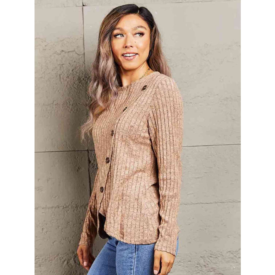 Double Take Ribbed Round Neck Buttoned Long Sleeve Tee Shirts & Tops