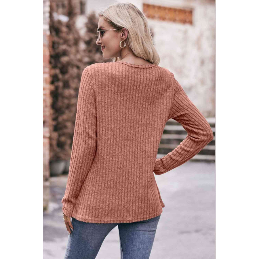Double Take Ribbed Round Neck Buttoned Long Sleeve Tee Shirts & Tops