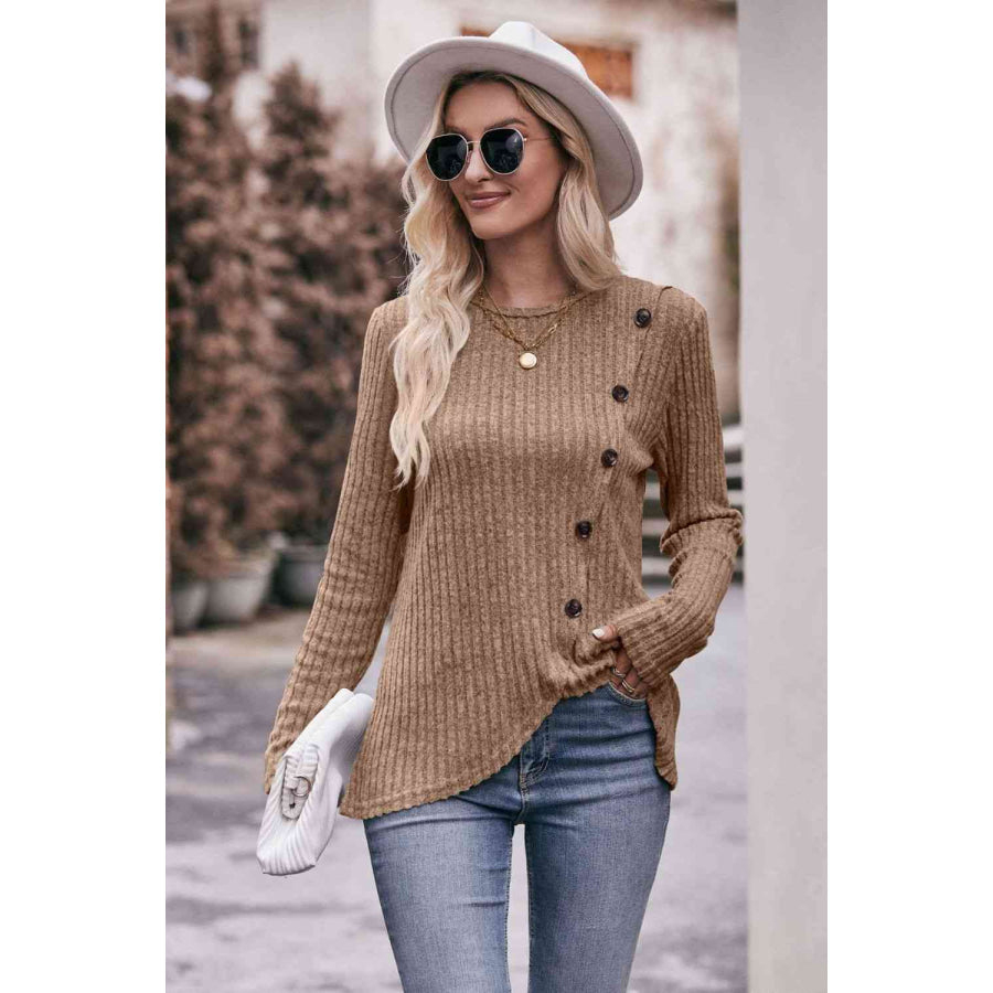 Double Take Ribbed Round Neck Buttoned Long Sleeve Tee Shirts & Tops