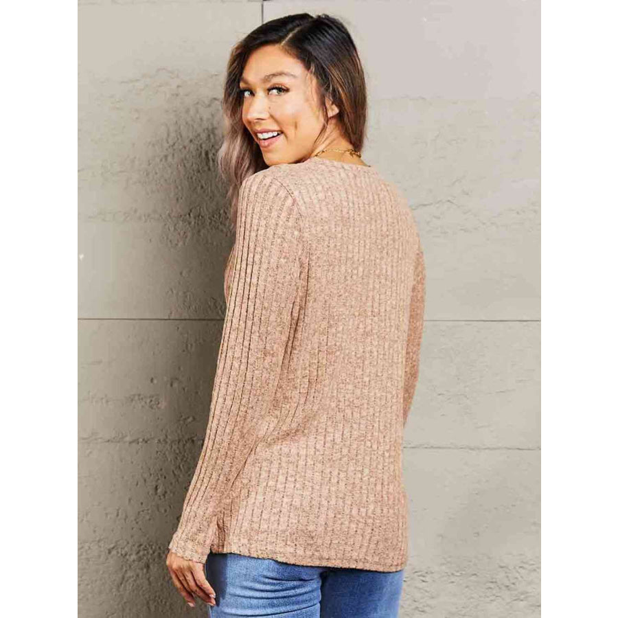 Double Take Ribbed Round Neck Buttoned Long Sleeve Tee Camel / S Shirts & Tops