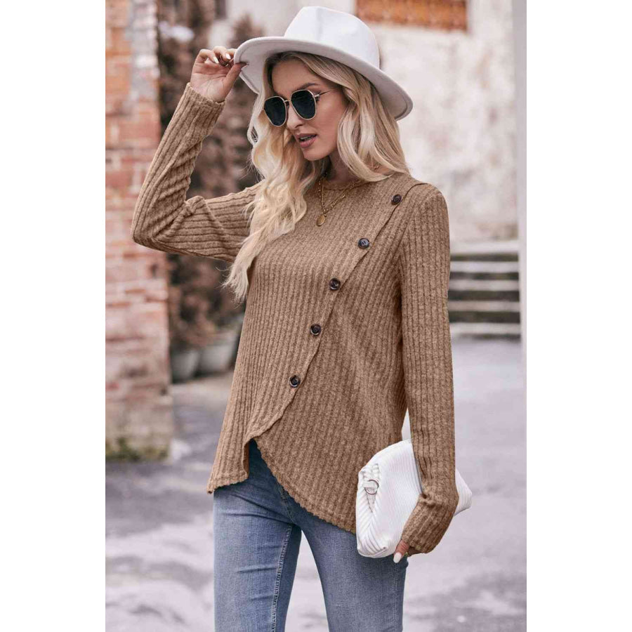 Double Take Ribbed Round Neck Buttoned Long Sleeve Tee Shirts & Tops