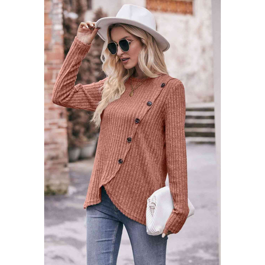 Double Take Ribbed Round Neck Buttoned Long Sleeve Tee Shirts & Tops