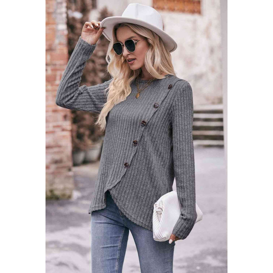 Double Take Ribbed Round Neck Buttoned Long Sleeve Tee Shirts & Tops