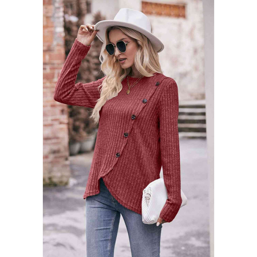 Double Take Ribbed Round Neck Buttoned Long Sleeve Tee Shirts & Tops